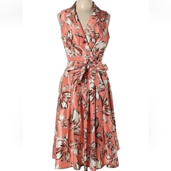 Jessica Howard Coral Floral Fit And Flare Midi Pleated  Dress M Us 8 - Picture 2 of 16